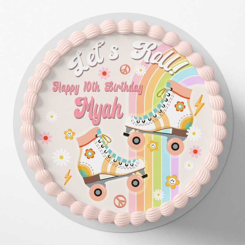 Retro Rollerskating Birthday Pre-cut Round Edible Icing Cake Topper