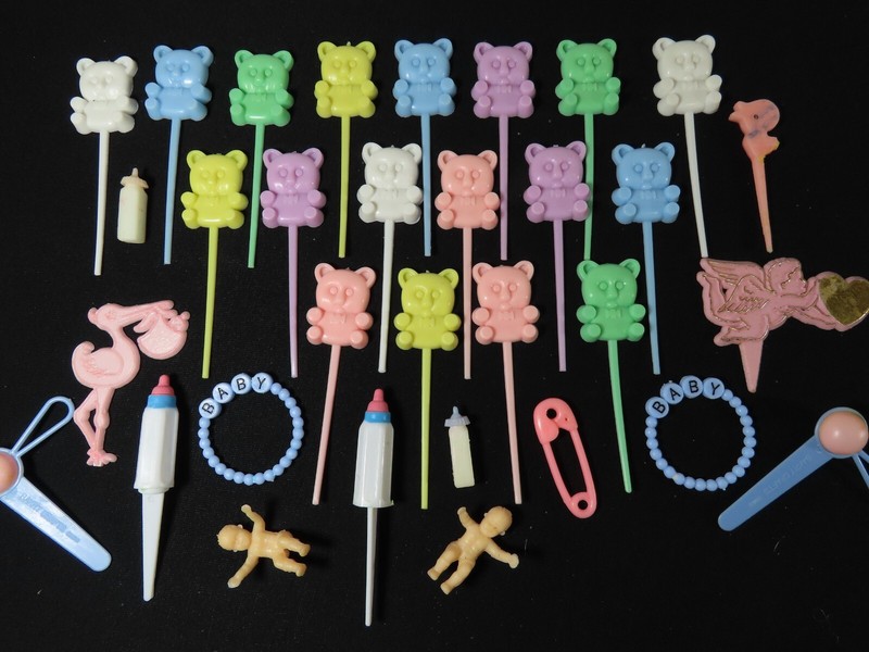 Baby Shower Cupcake Cake Toppers Picks Bears Bottle Stork Lot 32ct Vintage C2048