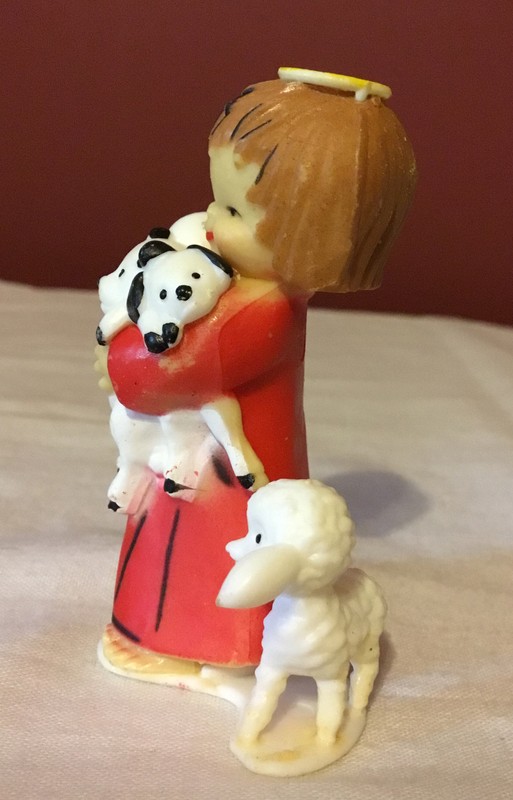 Vintage Cake Topper Girl with Halo Holding Puppies Lamb Red Dress gallery