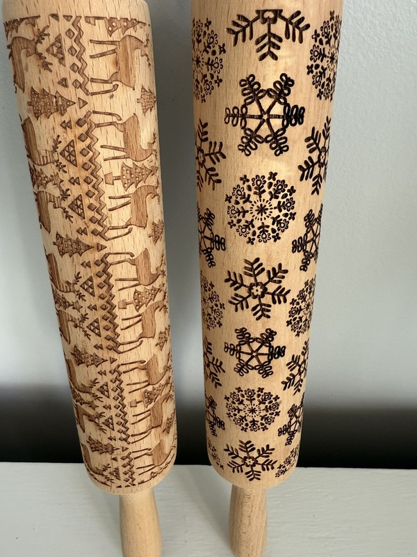 Set of 2 Embossed Holiday Baking Rolling Pins Snowflake &Reindeer Pattern New gallery