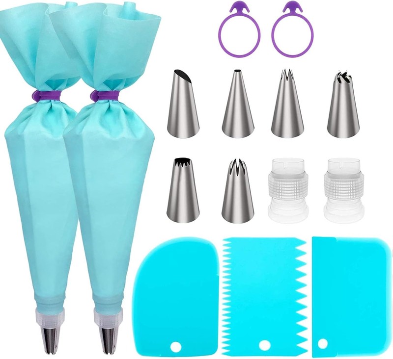 Piping Bags and Tips Set, Cake Decorating Kit Supplies, 15 Piece Blue