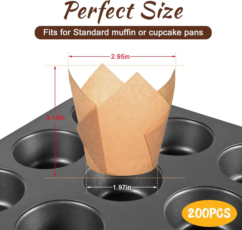 Natural Tulip Cupcake Liners for Baking 200 Cups, Unbleached Parchment Paper Muf gallery