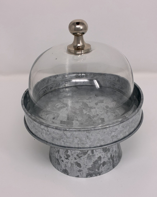 Round Galvanized Metal Cake Stand Pedestal w/ Clear Glass Dome Lid
