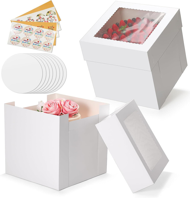16 Pcs Cake Boxes, 10X10X10 Inches Tall Cake Box with Window (8 Boxes & 8 Boards