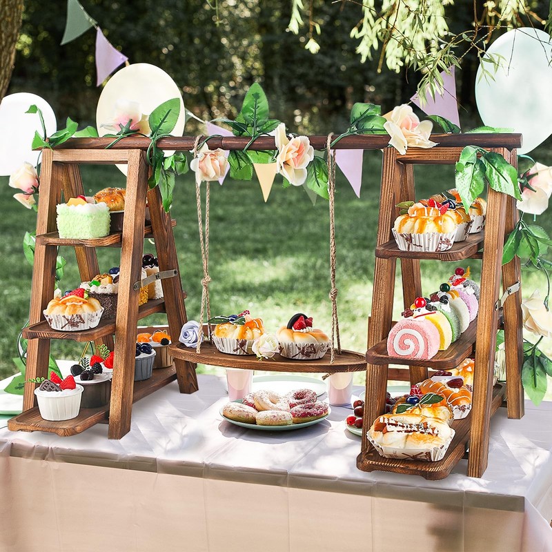 Wooden 3 Tier Cupcake Stand with Swing and Flower Decoration Serving Removabl... gallery