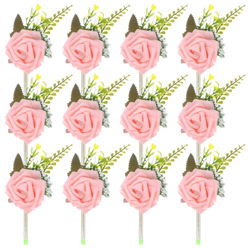12-Pack Boutonnieres for Men, Artificial Rose Men Boutonnieres [Champagne]