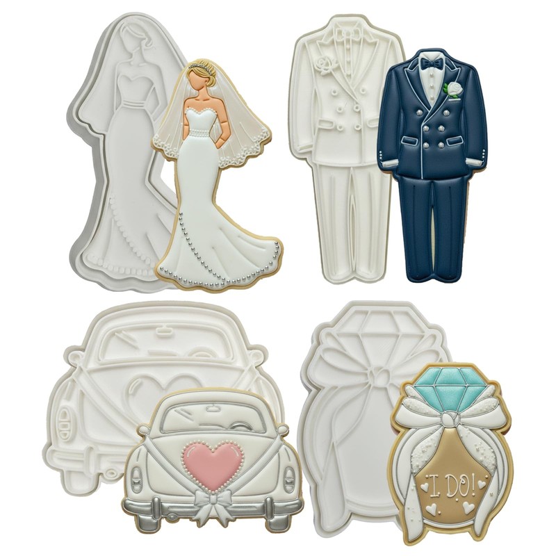 Wedding Cookie Cutters Set of 4 Ring Tuxedo Molds 3.5″ with Plunger Stamps Ba…