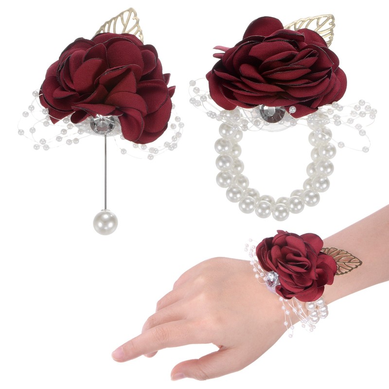 1-Set Wrist Corsage and Boutonnieres Set Wrist Corsage Set[Wine Red]