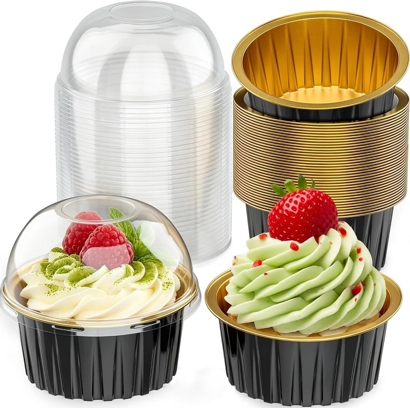 40 Pack Mini Cake Pans with Lids, 5 OZ Round Aluminum Foil Cupcake | Disposable