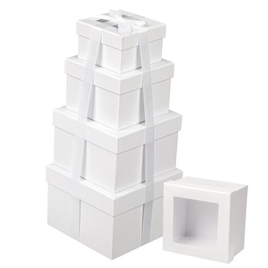 Square Gift Boxes with Lids – Set of 4 Gift Boxes with Clear Window for White