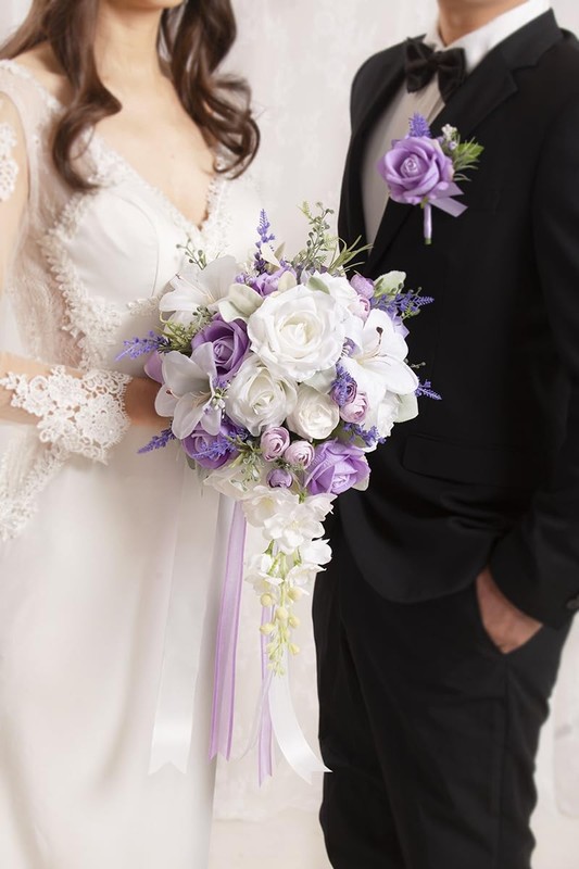 Floinla Bridal Bouquet Cascading Lilac Wedding Bouquets For Bride Bridesmaid 10 gallery