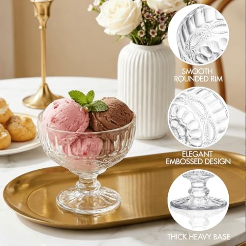 6 Pack Vintage Embossed Glass Dessert Cups, 12oz Footed Sundae Glasses for gallery
