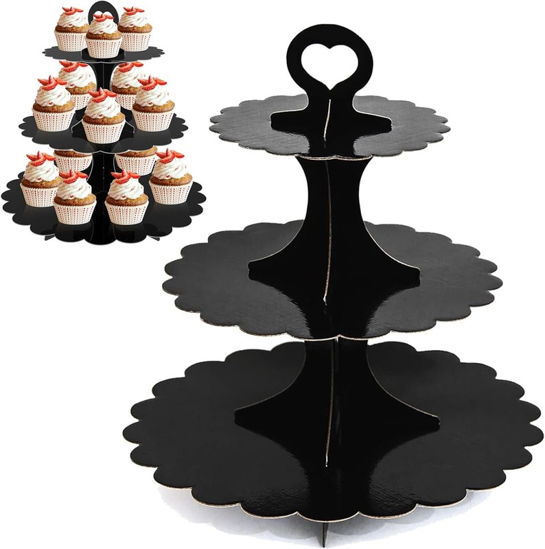 3-Tier Cupcake Stand Tower 2-Pack Black Cardboard Dessert Display Holder