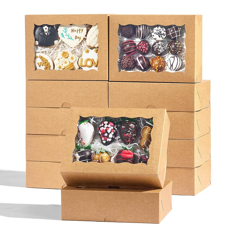 50 Pcs 8″x6″x2.5″Brown Bakery Boxes with Window, Pastry for Chocolate Strawbe…