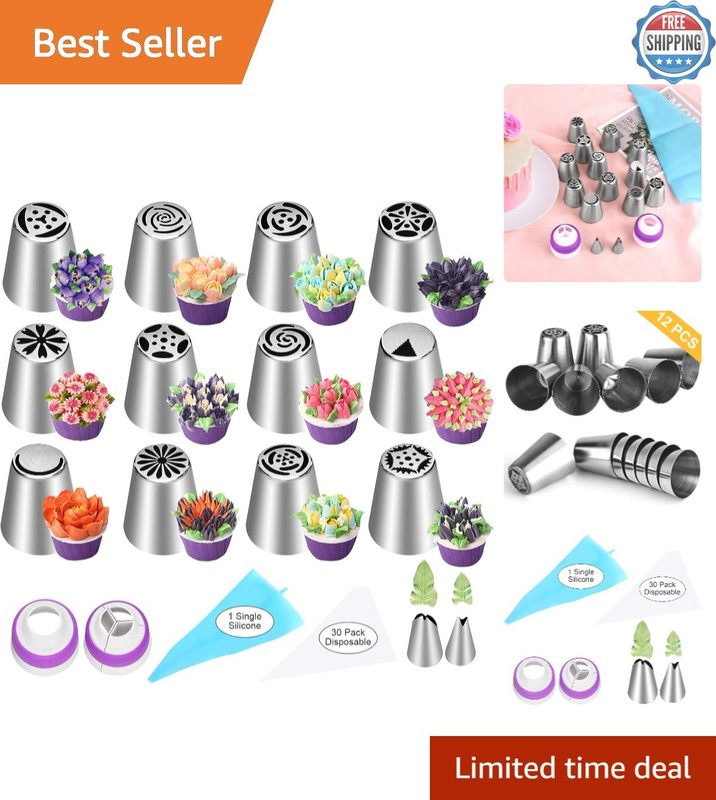Elegant 47-Pc Russian Piping Set with Flower Tips & Reusable Silicone Bags