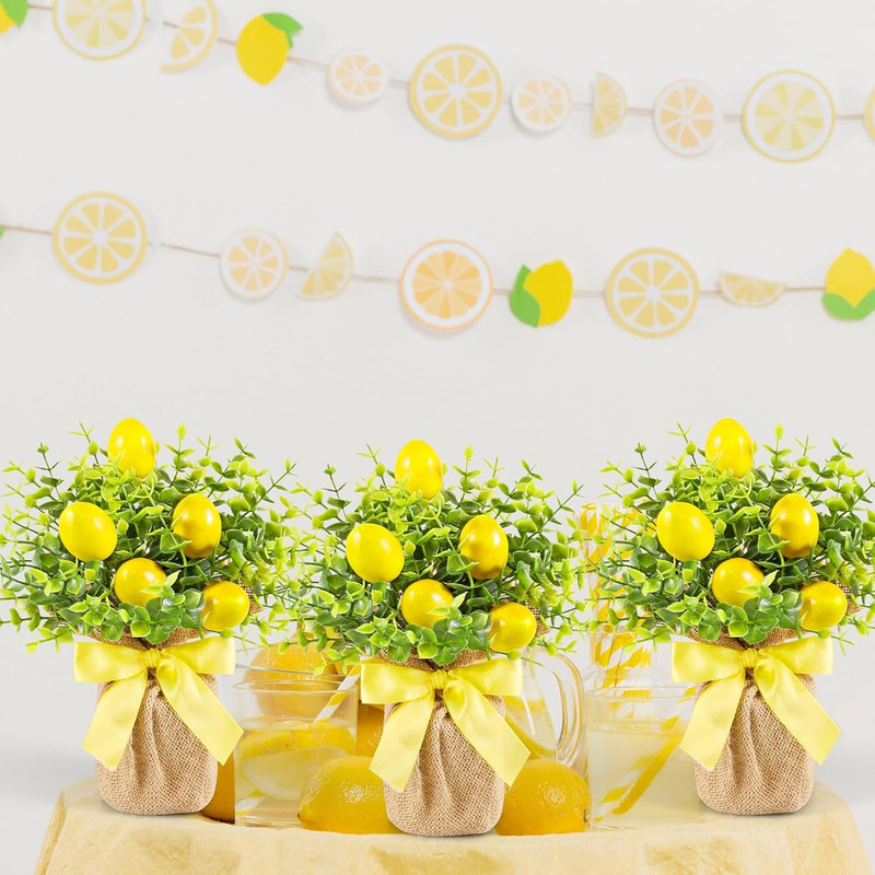 3 Pack Artificial Potted Lemon Flowers Plastic Faux Lemons in Small Burlap Bag V gallery