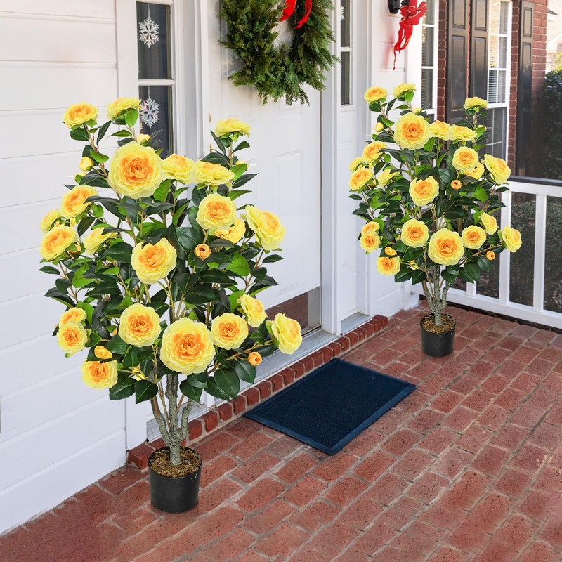 Htvshee 2 Pcs 42 Yellow Artificial Camellia Tree Faux Trees 36 Blooming Flowers gallery