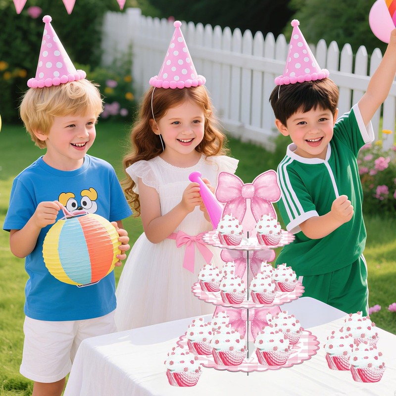 Pink Bow Birthday Decorations Cupcake Stand, 3 Tier Bow Themed Cardboard Cupc... gallery
