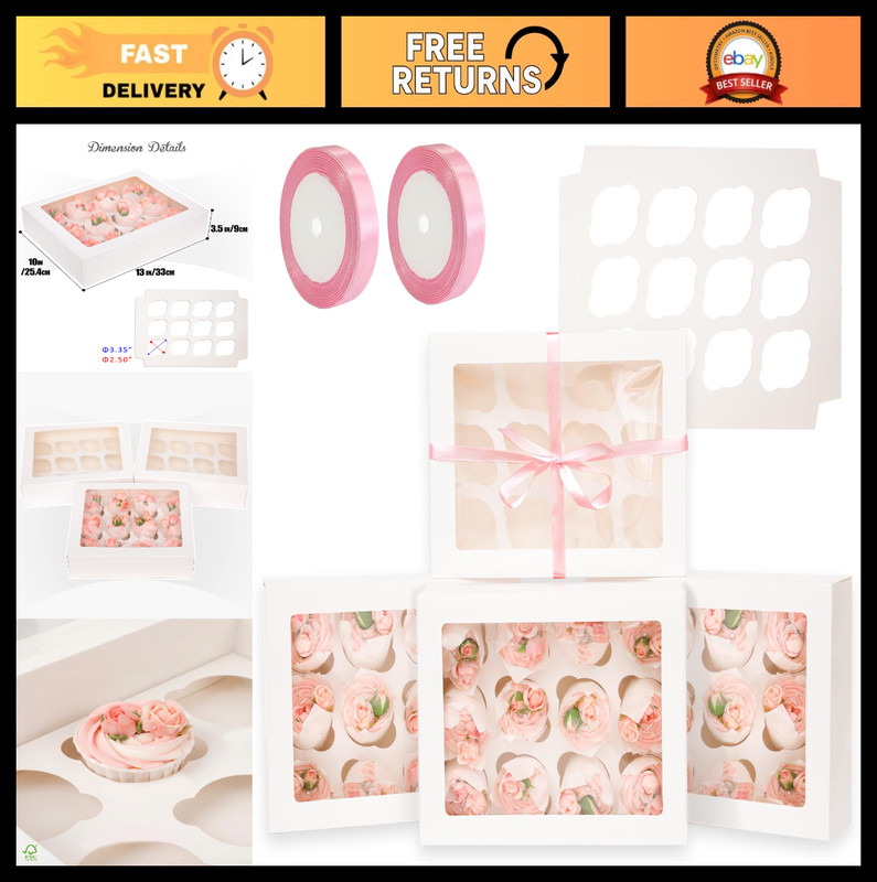 40PCS Auto Pop-Up Cupcake Boxes with Window – 12 Count Carrier, 13″x10″x3.5″, Pi