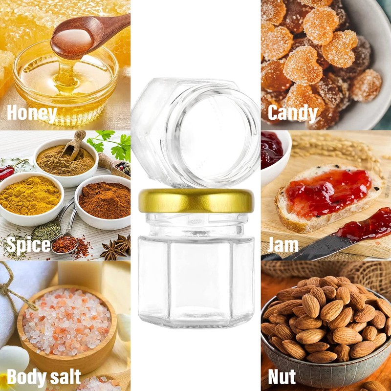 Mini Glass Honey jars-1.5 oz,30 pcs Hexagon Honey Jars with Wooden Dipper,Gol... gallery