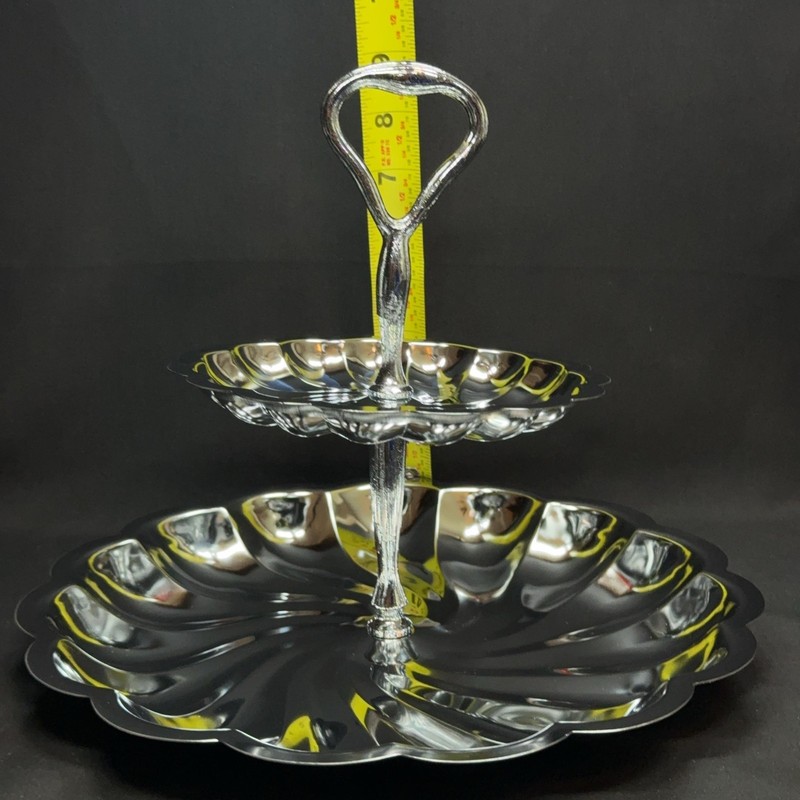 Vintage Arco 2-Tier Cake Candy Stand Chrome Metal Scalloped Silver Tray Party gallery
