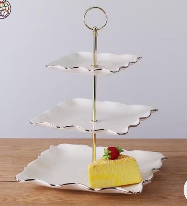 Glossy Ceramic Metal 3-Tier Square Cake Stand White Gold Modern Solid