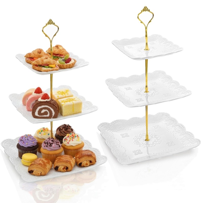 Tebery 2 Pack 3-Tier White Ceramic Embossed Dessert Cake Tower Stand with Gold C