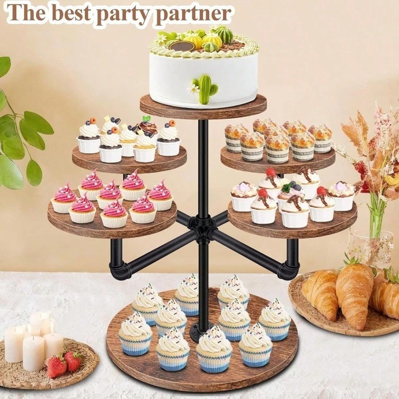 Rustic 3-Tier Cupcake Stand MDF Wood Metal Pipe Dessert Tower Party Display gallery