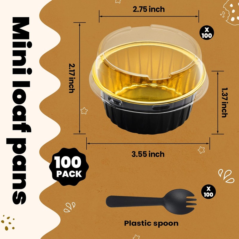100 Pack 5 Oz Mini Loaf Pans Lids Small Cake Containers Black Gold gallery