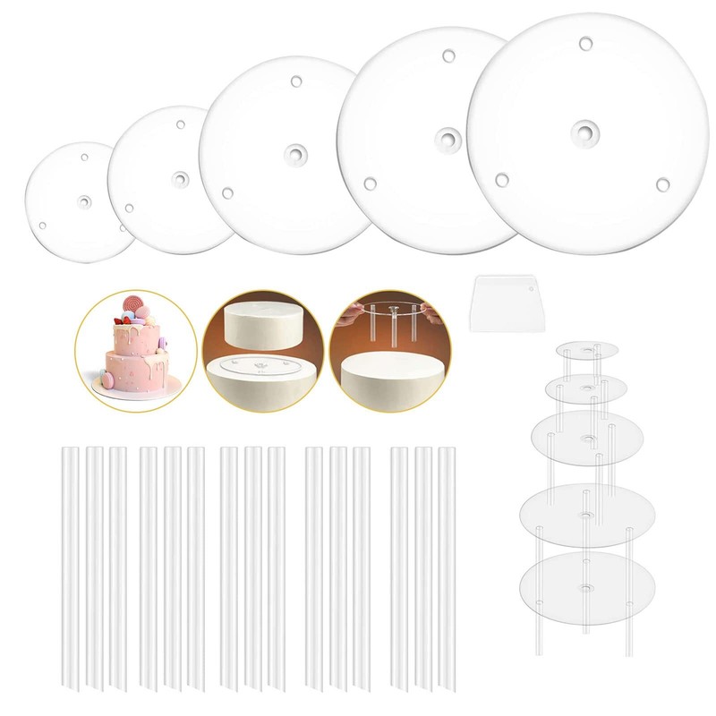 5PCS Cake Separator Plates with 15 Cake Dowels Reusable for Tiered Cakes