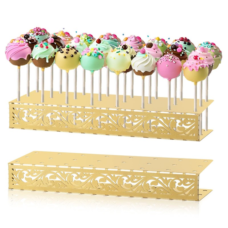 AIM & GGKK Cake Pop Stand, 24 Holes Lollipop Display Stand,Set of 2 Gold Meta…