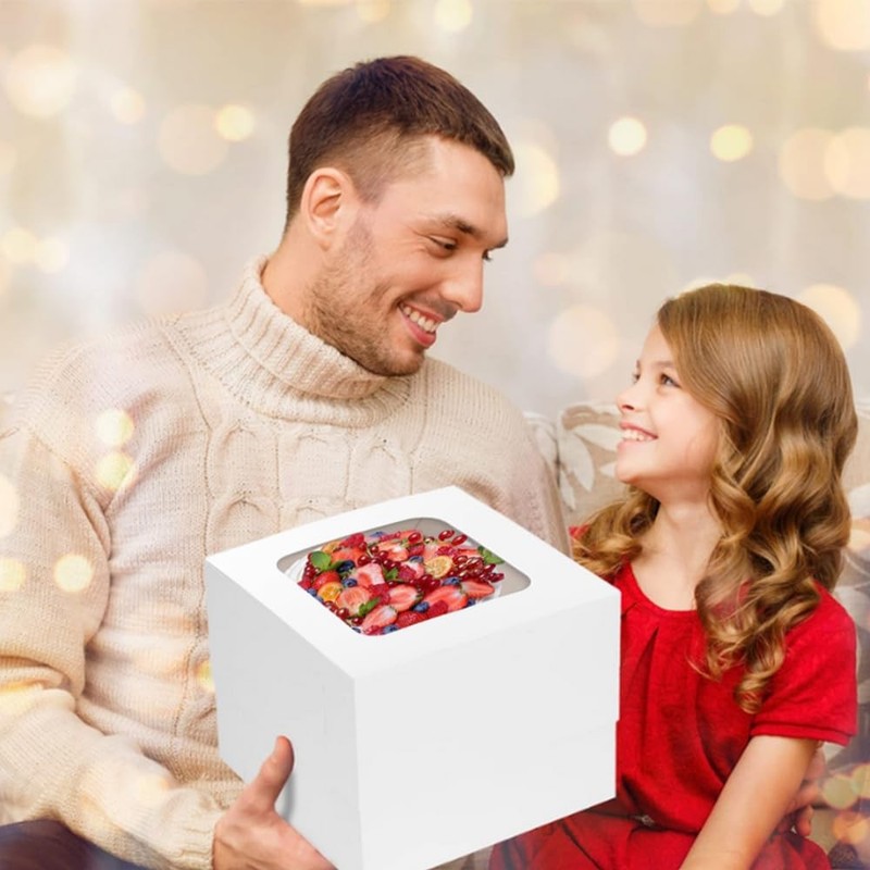 2 Pack Large Tall White Cake Boxes Ribbons Window Square 10x10x10 Inch Sets gallery