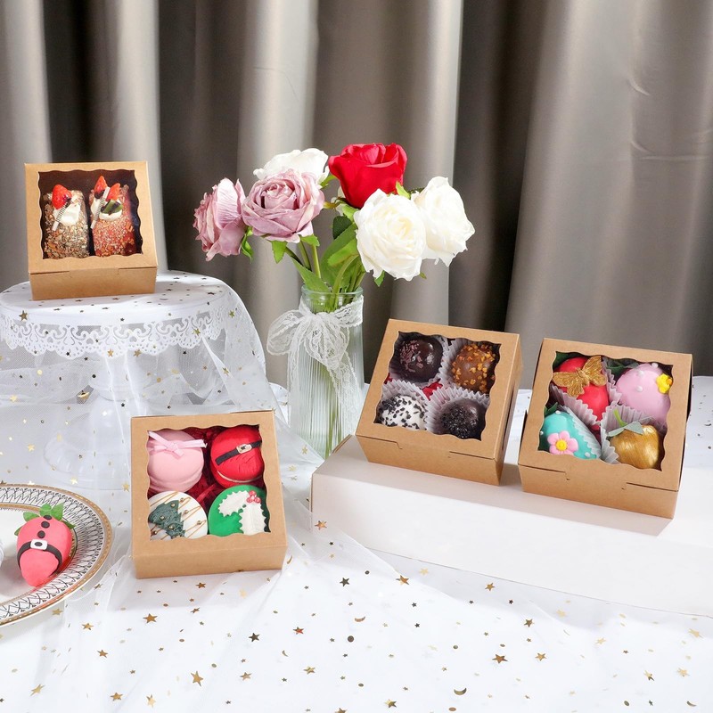 Cookie Boxes With Window 4x4x2 Inch Brown Paper Bakery Treat Case 100 PCS gallery