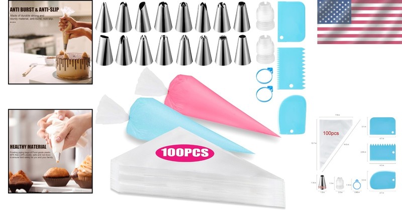 Professional Cake Decorating Kit: 100 Disposable Piping Bags & 16 Tips Included gallery