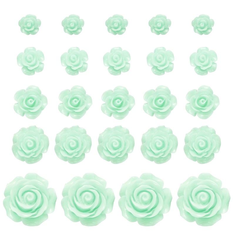 60 Pcs Light Green Resin Rose Flower Beads, 5 Size Flatback Flower Charm