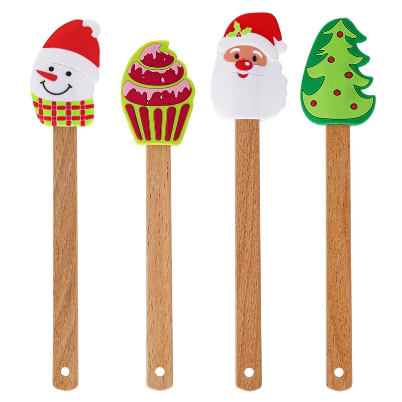 4Pcs Christmas Silicone Spatula with Wooden Handle Xmas Cake Spatula Snowman …