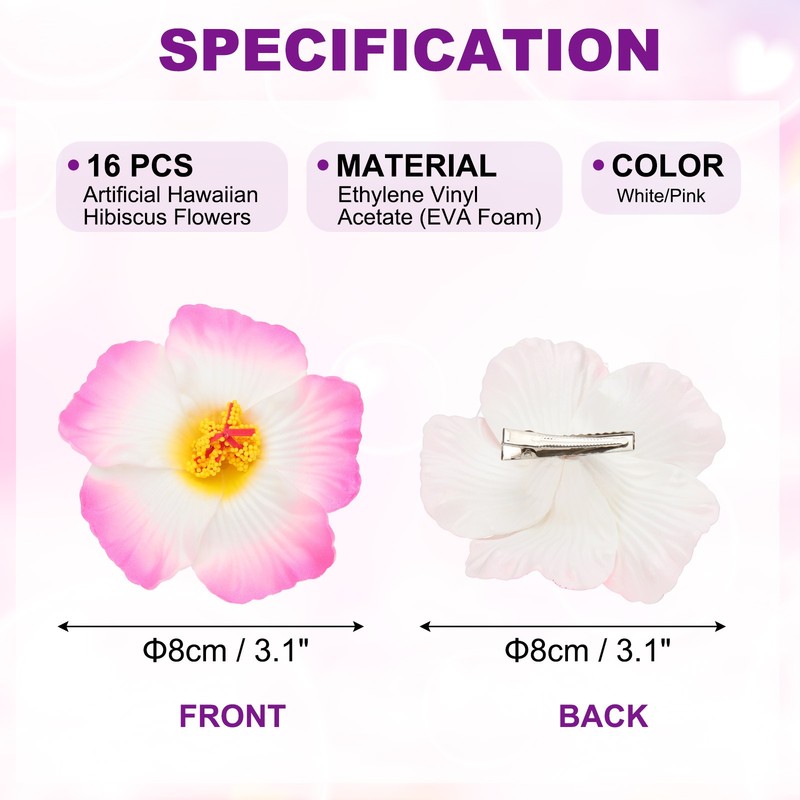 16 Pcs Hawaiian Hibiscus Flowers Artificial Flowers Hair Clip DIY White/Pink gallery