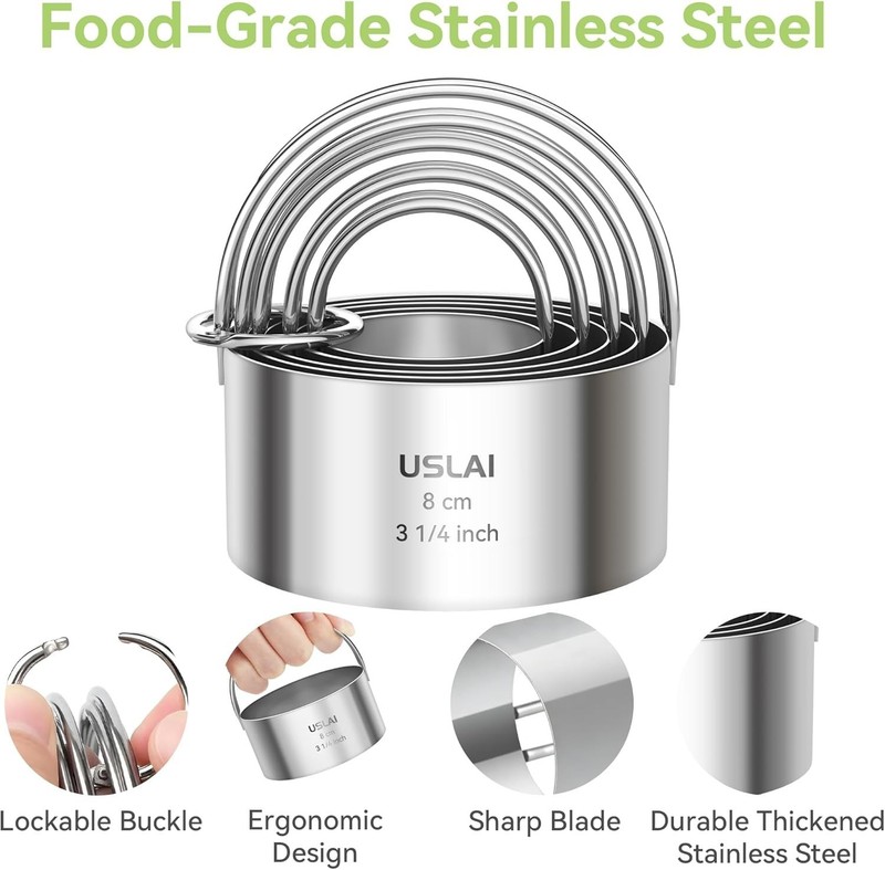USLAI Biscuit Cutter Set (1.75, 2, 2.5, 2.75, 3.25 Inch), Stainless Steel Fluted gallery