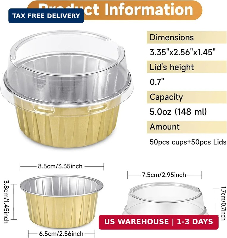 50pcs Mini Disposable Foil Ramekins with Lids 5oz, Aluminum Foil Round Cupcake L gallery