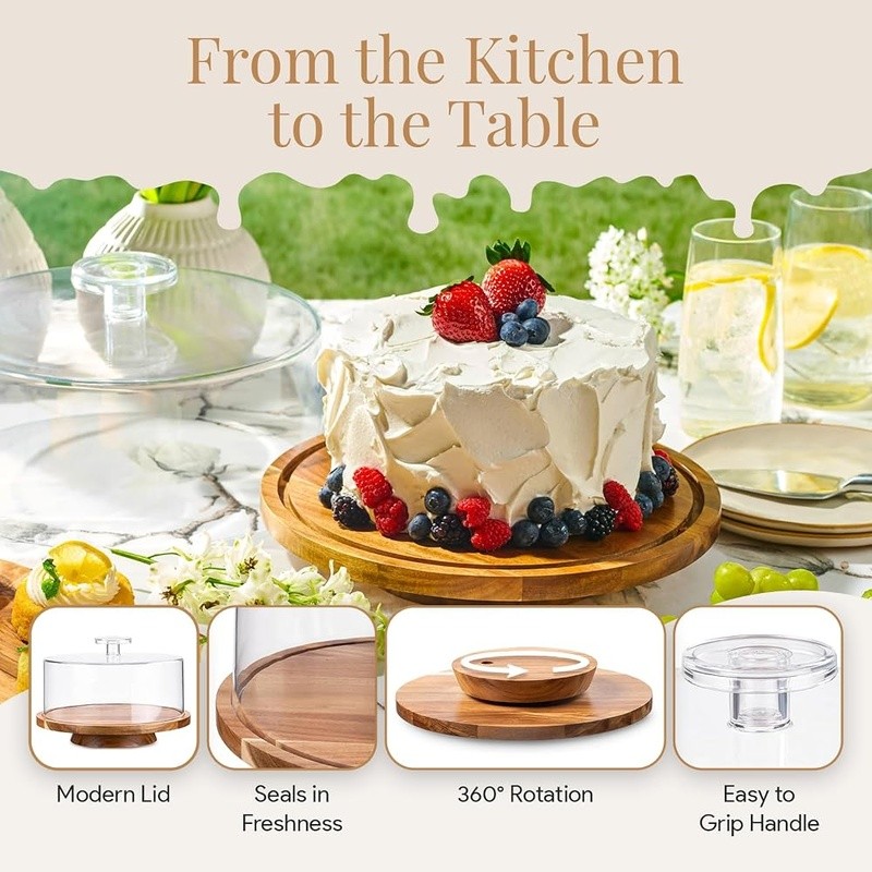 360 Rotating Cake Stand W/ Lid Acacia Wood Display Shatterproof Turntable New gallery