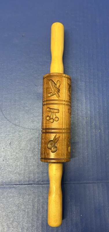 Vtg Rolling Pin Wooden Folk Dutch Style 12 Carved Floral Animal Moulds 14.5" gallery