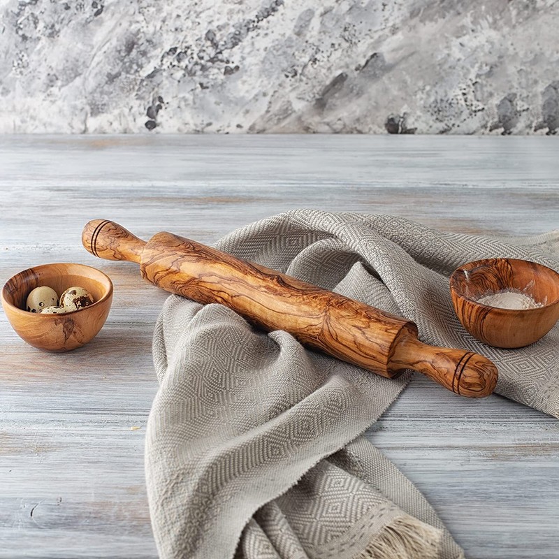 Olive Wood Classic Rolling Pin with Handle, Wooden Bread Roller Pin for Baking gallery
