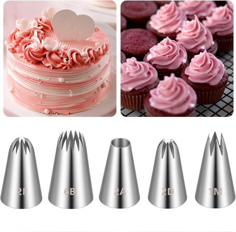 5 Pcs Piping Tips, 1M 2A 2D 2F 6B Stainless Steel Cake Tips Piping Kit Icing