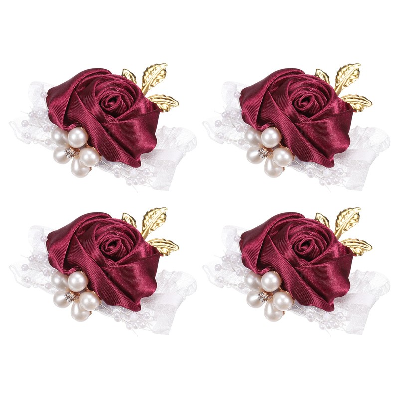 4pcs Wrist Corsage Artificial Flower Bracelets Rose Decorative 7x7cm Deep Red