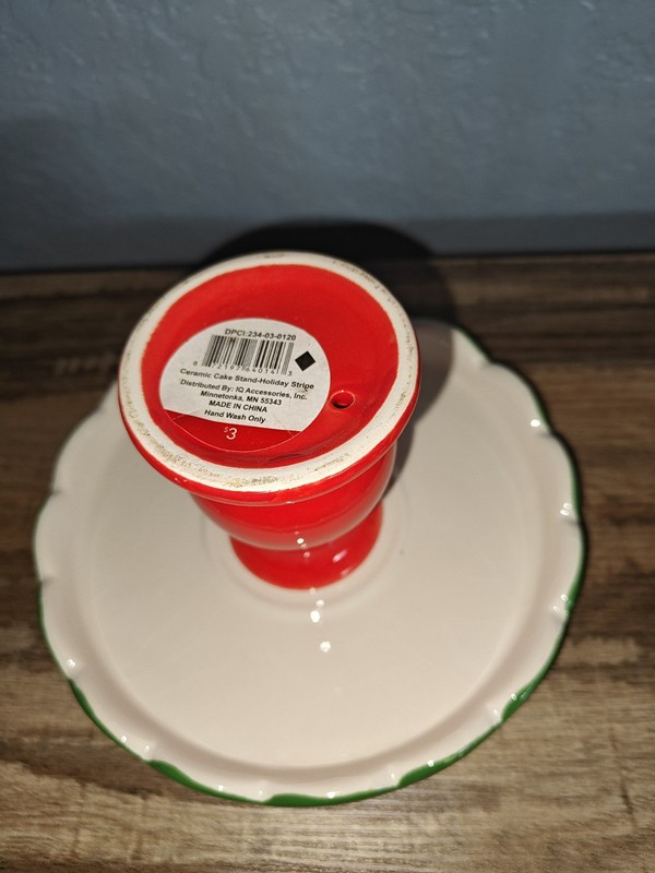 Christmas Decor Ceramic Small Cake Stand Holiday Stripe 7"x 4" Red Green White gallery