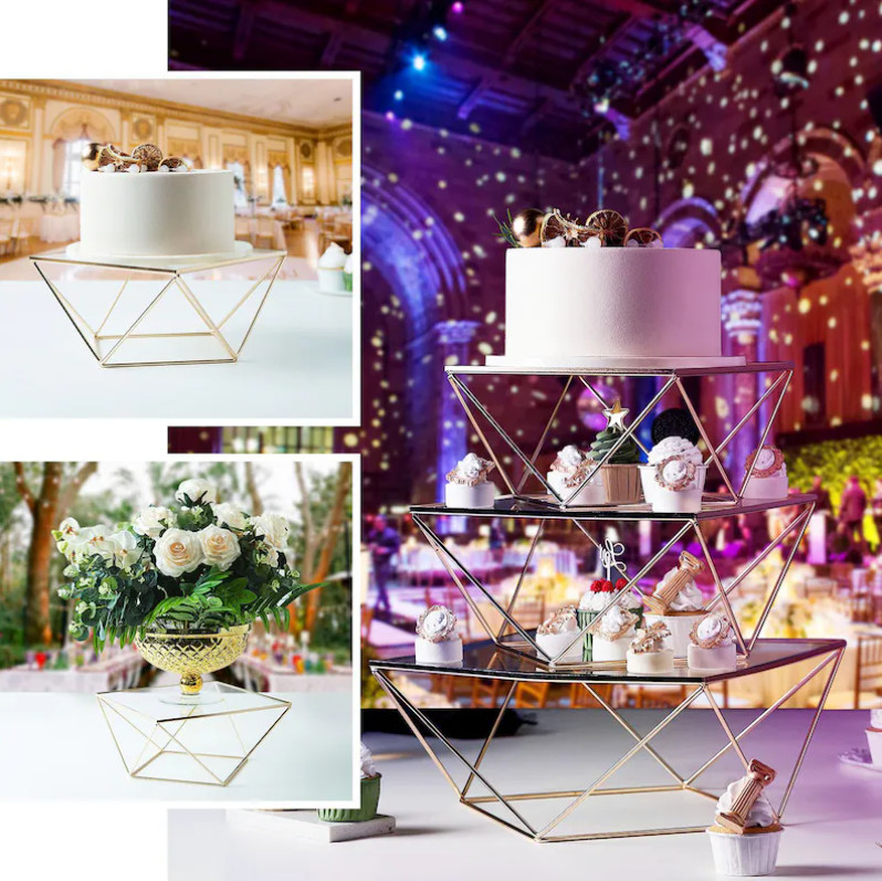 Glam Gold Geometric Cake Stand Riser Metal Display with Square Glass Top 12" gallery