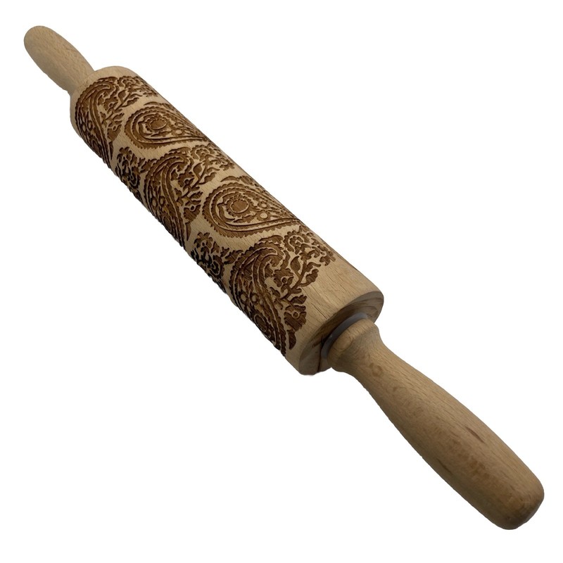 Rolling Pin Stamped Embossing 15″ Wooden 8″ Paisley Pattern Baking Christmas NEW