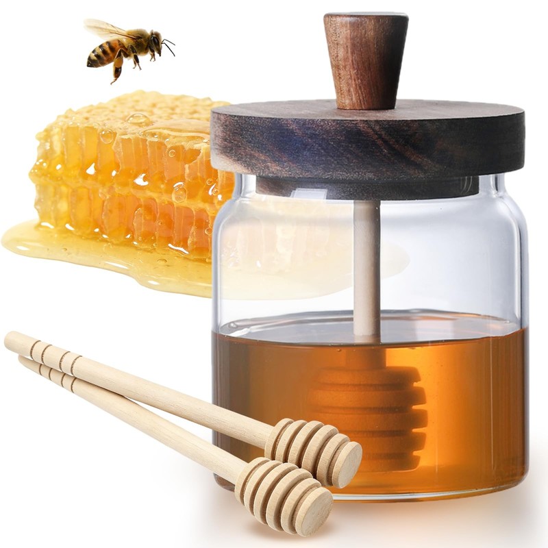 12 Oz Honey Jar with 2 Wooden Dippers and Lid,Honey Pot Dispenser,Clear Glass…
