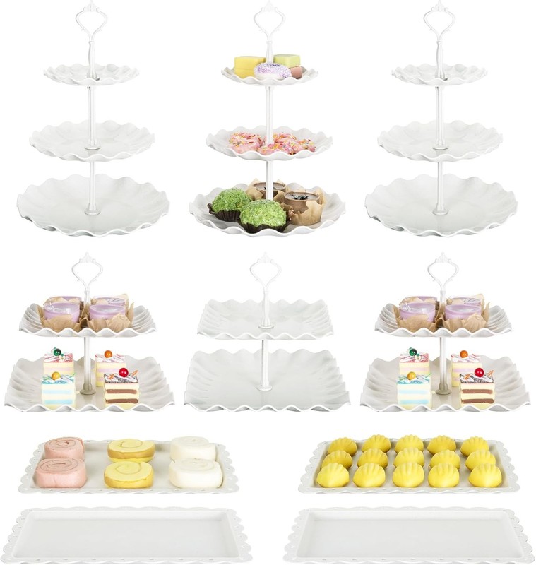 10 Pack Cake Stand Set W/ 3 x Two-Tier & 3 x Three-Tier Cupcake Stands Plastic gallery