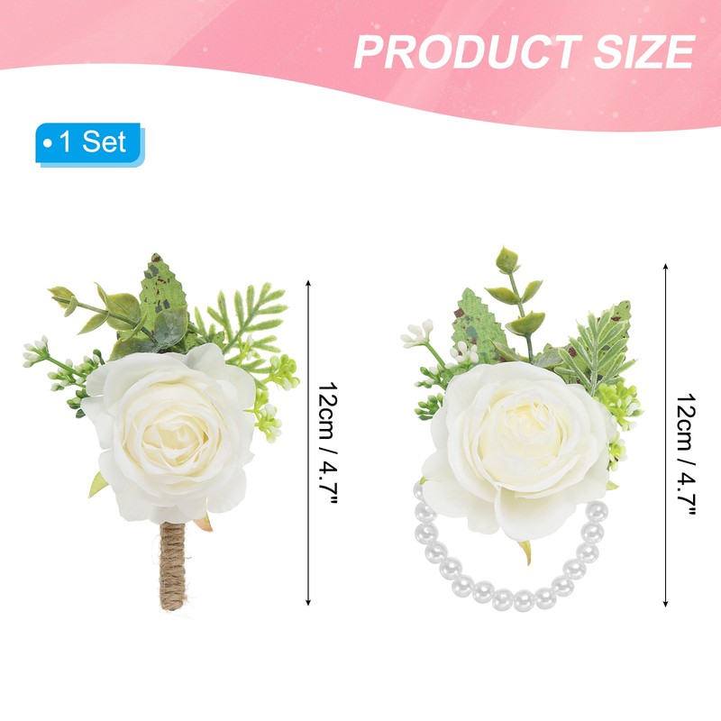 2 Pcs Rose Wrist Corsage and Boutonnieres Set, Wedding Flower Wristlet White gallery